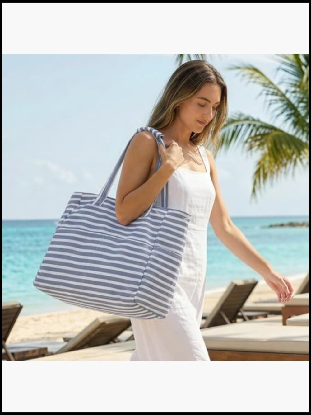 Extra Large Foldable Beach Tote with Zipper, Waterproof Sandproof for Travel - Picture 2 of 7